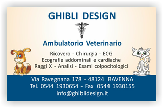 Ghibli Design - Biglietto personalizzabile,  #1533 - fronte - ambulatorio, animali, blu, cane, cuccioli, disegni, disegno, gatto, orario, studio, veterinario, giallino