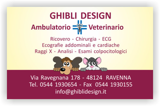 Ghibli Design - Biglietto personalizzabile,  #1586 - fronte - ambulatorio studio veterinario cura animali cuccioli cane gatto disegno disegnino giallo bordeaux