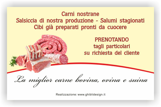 Ghibli Design - Biglietto personalizzabile,  #1886 - indietro - affettati, arrosto, bistecca, bovina, bovini, carne, giallo, insaccati, macelleria, mucca, mucche, pascolo, piatti, pollame, polleria, pollo, produzione, pronti, propria, salsiccia, salumeria, salumi, suina, giallino, bianco