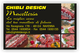 Ghibli Design - Biglietto personalizzabile,  #1891 - fronte - affettati, arrosto, bistecca, bovina, carne, catalogo, fiorentina, giallo, macelleria, nero, ovina, piatti, polleria, pronti, salumeria, salumi, spiedini, suina