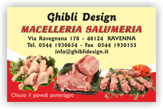 Ghibli Design - Biglietto personalizzabile,  #1902 - fronte - arrosto, bistecca, bovina, carne, catalogo, cosciotti, cruda, fresca, giallino, giallo, macelleria, ovina, pollame, polleria, pollo, rosso, salumeria, salumi, spiedini, suina