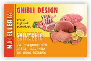 Ghibli Design - Biglietto personalizzabile,  #1905 - fronte - agnello, arrosto, bistecca, bovina, carne, carrè, cruda, fresca, giallo, macelleria, maiale, manzo, ovina, polleria, pollo, salumeria, salumi, suina, arancione