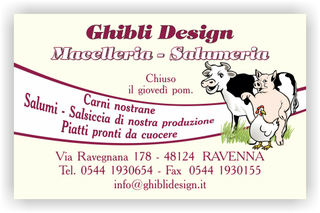 Ghibli Design - Biglietto personalizzabile,  #1914 - fronte - macelleria salumeria polleria carne fresca cruda bovina ovina suina mucca pollo maiale manzo disegno giallino chiaro bianco