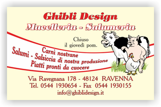 Ghibli Design - Biglietto personalizzabile,  #1916 - fronte - bovina, carne, cruda, disegno, fresca, giallo, macelleria, maiale, manzo, mucca, ovina, polleria, pollo, salumeria, suina, giallino