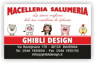 Ghibli Design - Biglietto personalizzabile,  #2058 - fronte - affettati, bistecca, bovina, buffi, carne, carni, catalogo, disegni, macellaio, macelleria, maiale, mucca, ovina, pecora, pollame, polleria, pollo, rosso, salsiccia, salumeria, salumi, suina