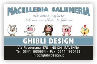 Ghibli Design - Biglietto personalizzabile,  #2059 - fronte - affettati, bistecca, bovina, carne, macelleria, ovina, pollame, polleria, pollo, salsiccia, salumeria, salumi, suina, carni, macellaio, disegni, buffi, mucca, maiale, pollo, pecora, azzurro, blu, grigio