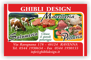 Ghibli Design - Biglietto personalizzabile,  #2081 - fronte - macelleria macellaio polleria salumeria salumi pollame carne carni mucche mucca pollo bistecca bovina ovina suina rosso