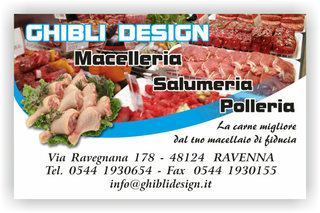 Ghibli Design - Biglietto personalizzabile,  #2090 - fronte - macelleria polleria salumeria carni carne pollame pollo cosciotti bistecche spiedini bovina ovina suina macellaio bianco azzurro