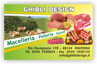 Ghibli Design - Biglietto personalizzabile,  #2098 - fronte - 3385, 2098, macelleria, macellaio, polleria, salumeria, salumi, carne, carni, arrosto, spiedini, bistecca, mucche, pascolo, scaloppine, verde, giallo,