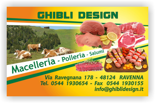 Ghibli Design - Biglietto personalizzabile,  #2100 - fronte - arancione, arrosto, bistecca, carne, carni, catalogo, giallo, macellaio, macelleria, mucche, pascolo, polleria, salumeria, salumi, scaloppine, spiedini