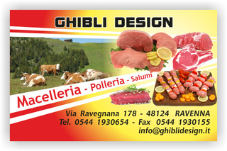 Ghibli Design - Biglietto personalizzabile,  #2101 - fronte - macelleria macellaio polleria salumeria salumi carne carni arrosto spiedini bistecca mucche pascolo scaloppine giallo rosso