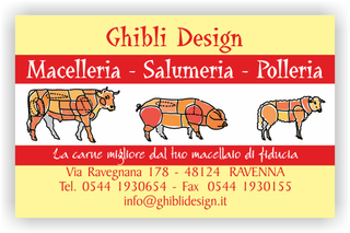 Ghibli Design - Biglietto personalizzabile,  #2104 - fronte - macelleria salumeria polleria macellaio carne carni ovina bovina suina mucca maiale pecora tagli vitello giallo rosso