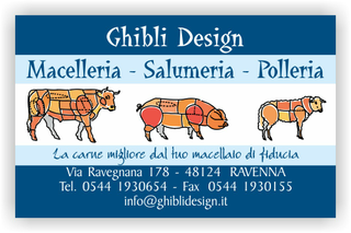 Ghibli Design - Biglietto personalizzabile,  #2106 - fronte - macelleria salumeria polleria macellaio carne carni ovina bovina suina mucca maiale pecora tagli vitello blu azzurro