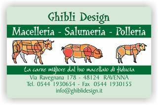 Ghibli Design - Biglietto personalizzabile,  #2108 - fronte - macelleria salumeria polleria macellaio carne carni ovina bovina suina mucca maiale pecora tagli vitello verde