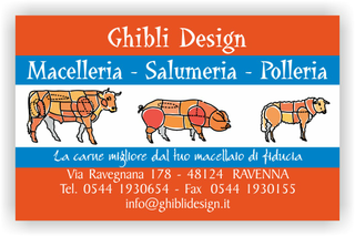 Ghibli Design - Biglietto personalizzabile,  #2109 - fronte - macelleria salumeria polleria macellaio carne carni ovina bovina suina mucca maiale pecora tagli vitello arancione rosso azzurro