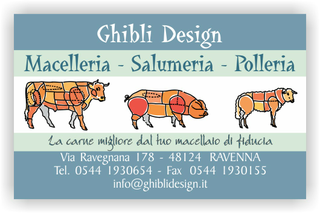 Ghibli Design - Biglietto personalizzabile,  #2112 - fronte - macelleria salumeria polleria macellaio carne carni ovina bovina suina mucca maiale pecora tagli vitello azzurro grigio