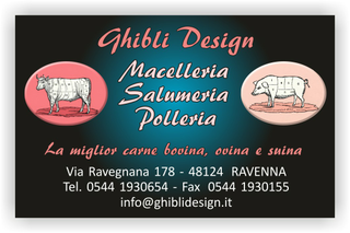 Ghibli Design - Biglietto personalizzabile,  #2128 - fronte - macelleria macellaio salumeria polleria carne carni vitello maiale tagli blu scuro nero