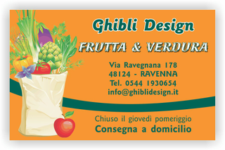Ghibli Design - Biglietto personalizzabile,  #2189 - fronte - frutta verdura fresca fruttivendolo sacco spesa disegno arancione