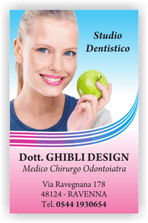 Ghibli Design - Biglietto verticale,  #2392 - fronte - dentista studio dentistico odontoiatra odontoiatrico ragazza sorriso mela denti bianchi sorridente bocca azzurro rosa fuxia