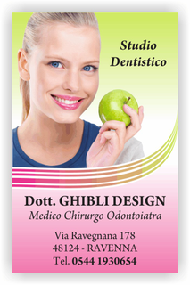 Ghibli Design - Biglietto verticale,  #2393 - fronte - dentista studio dentistico odontoiatra odontoiatrico ragazza sorriso mela denti bianchi sorridente bocca verde rosa