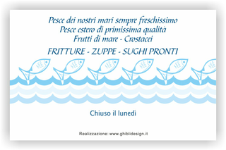 Ghibli Design - Biglietto personalizzabile,  #2584 - indietro - azzurro, bianco, disegno, mare, onde, pesce, pescheria, pesci, pescivendolo