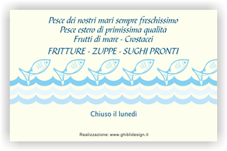 Ghibli Design - Biglietto personalizzabile,  #2585 - indietro - azzurro, disegno, mare, onde, pesce, pescheria, pesci, pescivendolo