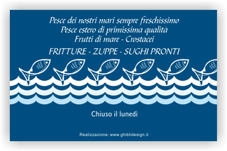Ghibli Design - Biglietto personalizzabile,  #2586 - indietro - blu, disegno, mare, onde, pesce, pescheria, pesci, pescivendolo, bianco