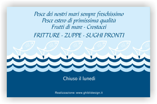 Ghibli Design - Biglietto personalizzabile,  #2587 - indietro - azzurro, blu, disegno, mare, onde, pesce, pescheria, pesci, pescivendolo, bianco