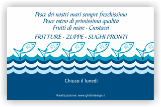 Ghibli Design - Biglietto personalizzabile,  #2588 - indietro - azzurro, bianco, blu, disegno, mare, onde, pesce, pescheria, pesci, pescivendolo